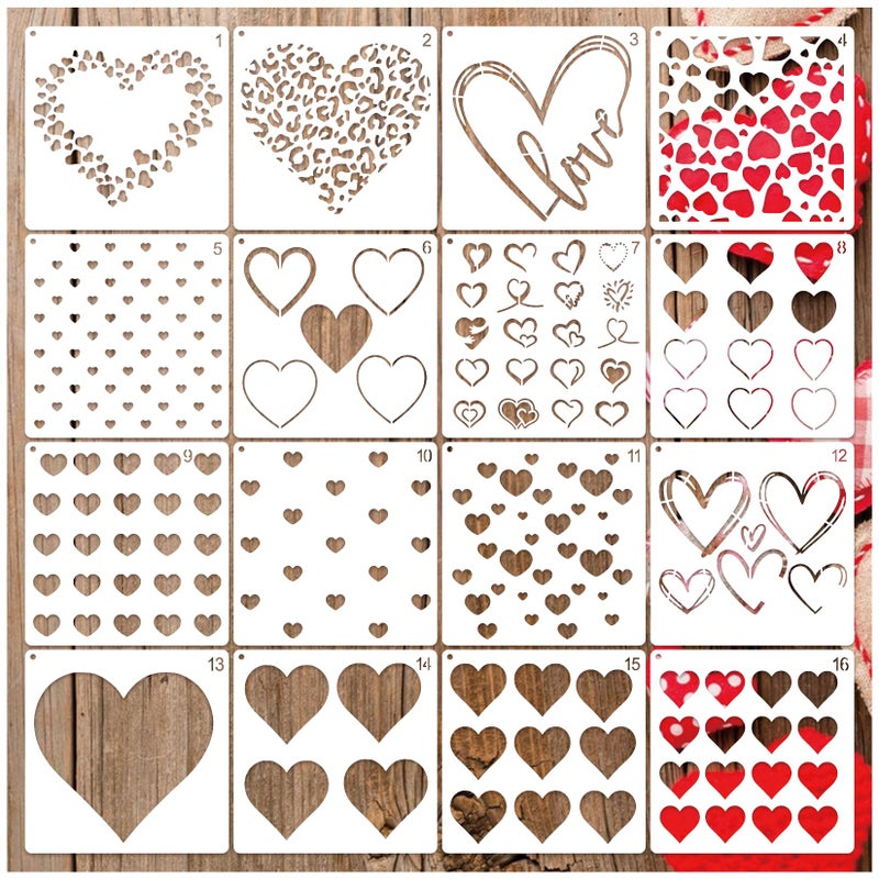 Boqon 16 Pieces Heart Stencils for Crafts Reusable Mixed Media Geometric Stencils for Painting on Canvas Scrapbook Paper Fabric Pillows Card Making (16 Heart) - Image 1